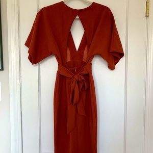 Small burnt orange midi wedding guest dress